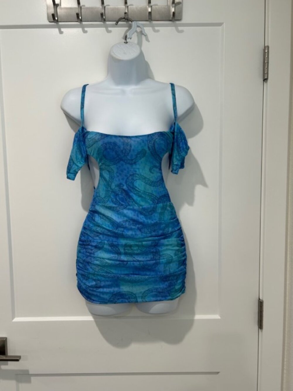 Blue Printed Off-Shoulder Mini Dress